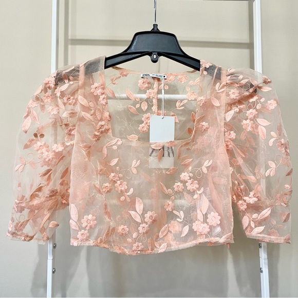 Zara Tops Zara Pink Floral Organza Sheer Square Neck Top Poshmark